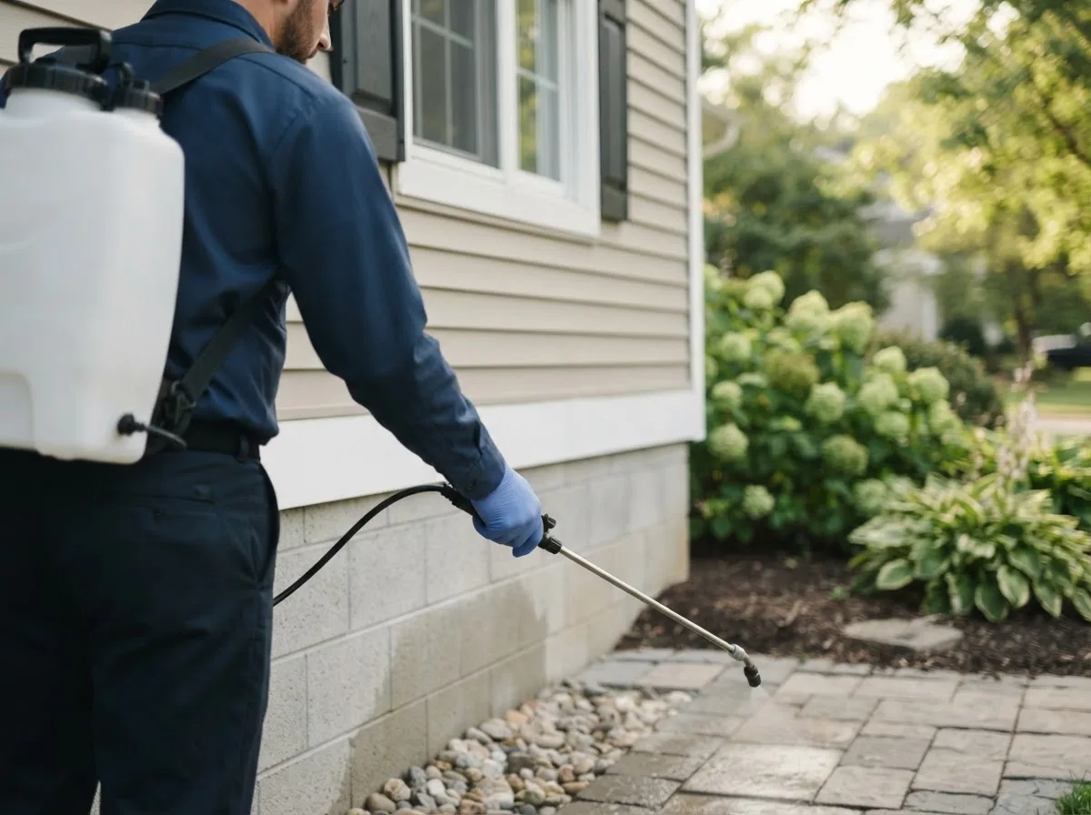 Pest control technician inspecting a home in Fulton, MI